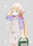  =_= apron blonde_hair bucket closed_eyes futaba_anzu grey_background head_scarf idolmaster idolmaster_cinderella_girls long_hair mask mizuki_makoto solo star surgical_mask twintails 