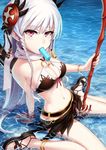  anklet between_legs bikini braid breasts cleavage dark_valkyrie_(p&amp;d) food highres jewelry jpeg_artifacts long_hair looking_at_viewer medium_breasts mouth_hold navel popsicle puzzle_&amp;_dragons red_eyes sandals scarf shallow_water sitting solo swimsuit twin_braids valkyrie_(p&amp;d) wariza water weapon wet white_hair zeroshiki_kouichi 