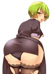  1girl 1girls arc_system_works artist_request ass backboob black_legwear black_panties blazblue blush breasts coat come_hither from_behind genderswap green_hair hazama huge_ass jakfldk2 leaning leaning_forward looking_at_viewer looking_back miniskirt naughty_face open_mouth panties pantyshot seductive_smile shiny shiny_skin short_hair simple_background skirt smile solo thighhighs torn_thighhighs underwear yellow_eyes 
