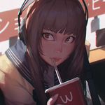  bag bangs brown_eyes brown_hair chromatic_aberration cup deviantart_username disposable_cup drinking_straw guweiz headphones ilya_kuvshinov_(style) lips long_hair nose original realistic school_uniform serafuku solo upper_body watermark wcdonalds web_address 