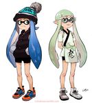  arms_behind_back beanie bespectacled bike_shorts blue_hair colo_(nagrolaz) fang full_body glasses green_eyes green_hair hands_in_pockets hat inkling jacket japanese_clothes kimono long_hair looking_at_viewer multiple_girls pointy_ears shoes short_hair_with_long_locks sidelocks sneakers splatoon_(series) splatoon_1 tentacle_hair white-framed_eyewear yukata 