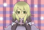  1girl blush brown_hair dress elize_lutus frills green_eyes long_hair necklace plaid_background ribbon smile solo tales_of_(series) tales_of_xillia teepo_(tales) 