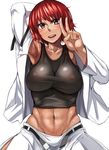  abs arm_behind_head armpits ayakumo belt breasts collarbone groin highres horikawa_raiko huge_breasts midriff navel open_mouth red_eyes red_hair short_hair side_slit skirt solo sweat tank_top touhou unbuckled_belt 