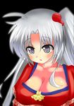  breasts cleavage eila_yagyu eyebrows eyebrows_visible_through_hair hair_bobbles hair_ornament long_hair open_mouth shinki side_ponytail silver_eyes silver_hair solo touhou touhou_(pc-98) 