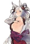  animal_ears backless_outfit bare_back blue_eyes blush breasts detached_sleeves duoyuanjun erune granblue_fantasy hair_ornament highres kanzashi large_breasts long_hair parted_lips sideboob simple_background socie_(granblue_fantasy) solo tail very_long_hair white_background 