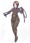  belt_buckle black_gloves boots breasts brown_eyes brown_hair buckle commentary_request gloves highres johan_(johan13) military military_uniform revision short_hair small_breasts solo the_king_of_fighters uniform whip whip_(kof) 