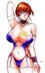  arm_up bare_shoulders bikini blue_eyes breast_tattoo breasts bridal_gauntlets brown_hair bustier cleavage collar cowboy_shot dead_or_alive elbow_gloves garter_straps gloves huge_breasts kasumi_(doa) navel revealing_clothes short_hair side-tie_bikini solo swimsuit tattoo thighhighs white_legwear zero_hime 