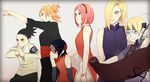  4girls black_hair blonde_hair border boruto:_the_movie facial_mark forehead_mark forehead_protector gradient gradient_background hairband haruno_sakura mother_and_daughter mother_and_son multiple_boys multiple_girls nara_shikadai naruto pink_hair scroll short_hair temari topknot uchiha_sarada yamanaka_ino yamanaka_inojin 