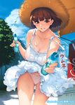  artist_name ass_visible_through_thighs awning bangs banner blue_sky blunt_bangs blush bob_cut bottle bow bow_panties breasts brown_eyes brown_hair cleavage cloud collarbone day dress dress_lift drink giving grin hands hat highres holding holding_bottle large_breasts leaf leaning_forward lips looking_at_viewer no_bra nobori original outdoors outstretched_arm panties pantyshot pantyshot_(standing) pink_panties ramune sasaoka_gungu short_hair sky sleeveless sleeveless_dress smile solo spaghetti_strap spilling standing straw_hat sun_hat sundress sweat thighs tree underwear watermark white_dress wind wind_lift 