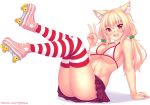  1girl animal_ear_fluff animal_ears arm_support bangs bikini_top blonde_hair blush breasts cat_ears eyebrows_visible_through_hair fang fast-runner-2024 hair_between_eyes hair_bobbles hair_ornament highres large_breasts long_hair looking_at_viewer navel open_mouth original patreon_username pleated_skirt red_eyes red_skirt roller_skates sitting skates skirt slit_pupils solo striped striped_legwear thighhighs tiffy v watermark web_address white_background white_bikini_top 