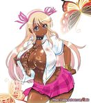  1girl blonde_hair blue_eyes blush breasts cleavage curvy dark_skin ganguro huge_breasts katsuragi_(senran_kagura) long_hair looking_at_viewer rebis senran_kagura senran_kagura_(series) shiny_skin simple_background smile solo thick_thighs wide_hips 