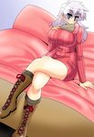  akasode_(tyaramu) bakusou_kyoudai_let's_&amp;_go!! blue_eyes boots bottomless breasts couch crossed_legs curvy grey_hair highres huge_breasts janet_sturlson long_hair looking_at_viewer on_couch ribbed_sweater smile solo sweater 