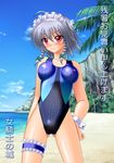  ass_visible_through_thighs blue_eyes braid breasts competition_swimsuit covered_nipples izayoi_sakuya maid_headdress medium_breasts one-piece_swimsuit onna_kishi_no_shiro short_hair silver_hair standing swimsuit touhou twin_braids zanshomimai 
