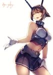  ;d brown_hair gloves headgear kantai_collection kyouya_(mukuro238) looking_at_viewer midriff mutsu_(kantai_collection) navel one_eye_closed open_mouth simple_background smile solo twitter_username white_background white_gloves yellow_eyes 
