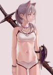  1girl animal_ears bandeau bangs bare_arms bare_shoulders bead_necklace beads bikini breasts cat_ears collarbone commentary cowboy_shot earrings extra_ears eyebrows_visible_through_hair feiqizi_(fkey) fkey grey_background halterneck highres jewelry long_hair monster_hunter monster_hunter:_world navel necklace original ponytail red_eyes scabbard sheath sheathed shell_earrings sidelocks silver_hair simple_background small_breasts solo standing stomach swimsuit sword thighs weapon weapon_on_back white_bikini 