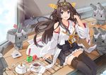  :d ahoge apple artist_name bare_shoulders black_skirt brown_hair cup detached_sleeves fan folding_fan food frilled_skirt frills fruit grey_eyes hairband headgear jojofon kantai_collection kongou_(kantai_collection) long_hair looking_at_viewer machinery nontraditional_miko onigiri open_mouth pleated_skirt rensouhou-chan ribbon-trimmed_sleeves ribbon_trim signature skirt smile sunlight teacup thighhighs 