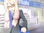  aeon_(skullgirls) bag bangs bespectacled casual closed_eyes glasses long_hair low_twintails parted_bangs pink_hair red-framed_eyewear semi-rimless_eyewear shopping_bag skullgirls solo sweater tsunakanten twintails under-rim_eyewear 