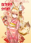  1girl 2019 absurdres alternate_costume animal_ear_fluff animal_ears bangs blonde_hair blush chinese_zodiac emil_chronicle_online eyebrows_visible_through_hair floral_print fox_ears fox_tail hagoita hair_ornament hair_ribbon highres japanese_clothes kimono loki_alma long_hair long_sleeves nengajou new_year obi paddle pink_kimono ribbon sash serizawa_(knight2020) standing tail wide_sleeves year_of_the_pig yellow_eyes 