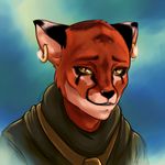  ahnassi bust_portrait clothing ear_piercing eye_markings feline female fur green_sclera khajiit looking_at_viewer mammal morrowind orange_eyes orange_fur piercing plagueofgripes robe the_elder_scrolls video_games 