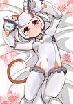  :&lt; animal_ears bed_sheet breasts cat_ears cat_tail cowboy_shot extra_ears gunslinger_stratos humanoid_robot kemonomimi_mode lying navel no_nipples on_back paw_pose red_eyes robot_ears robot_joints shi_ecchi short_hair silver_hair small_breasts solo tail xi-988 