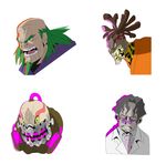  4boys bald brown_hair character_sheet cockatrice_(ninja_slayer) concept_art dark_skin dragon_gendosoh face glasses glowing green_hair green_sclera grey_hair huge_shuriken labcoat looking_at_viewer male male_focus mask multiple_boys nakata_(ninja_slayer) ninja ninja_slayer official_art old_man rasta simple_background slit_pupils white_background 