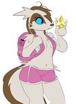  2015 anthro backpack blue_eyes breasts clothed clothing elpatrixf eyelashes female half-dressed linoone max_revive navel nintendo pok&eacute;mon pok&eacute;morph shorts simple_background small_breasts solo topless video_games white_background 