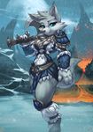  anthro armor atryl axe blue_eyes canine clothed clothing female fur ice lava looking_at_viewer mammal melee_weapon moon mountain smile snow solo standing weapon white_fur wolf 
