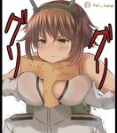  1girl bare_shoulders between_breasts blush breasts brown_hair commentary_request gloves green_eyes hairband headgear kantai_collection military military_uniform mutsu_(kantai_collection) pillarboxed short_hair t-head_admiral tai_(nazutai) translation_request uniform 