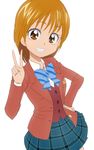  :d bangs bow brown_eyes brown_hair eyelashes futari_wa_precure hand_on_hip long_sleeves looking_at_viewer manji_(tenketsu) misumi_nagisa open_mouth orange_hair precure ribbon school_uniform short_hair simple_background skirt smile solo v white_background 