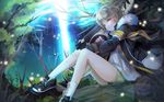  brown_hair closers energy_beam fur_trim jacket lens_flare long_legs male_focus mistilteinn_(closers) night outdoors petals shorts sian_(jred344) sitting sleeping solo tree weapon 