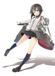  :d ass_visible_through_thighs bag black_hair grey_eyes hayasui_(kantai_collection) jacket kakao_rantan kantai_collection kneehighs loafers long_sleeves looking_at_viewer machinery mecha_musume navy_blue_legwear open_mouth panties panty_peek pleated_skirt shadow shirt shoes shoulder_bag skirt smile solo track_jacket underwear white_panties 