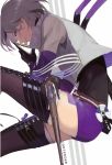 1girl bangs belt black_gloves black_shirt boots breasts character_name cross-laced_footwear detached_sleeves eyebrows_visible_through_hair girls_frontline gloves grey_hair gun handgun holding holding_bullet holding_gun holding_weapon lace-up_boots light_smile looking_at_viewer multicolored_hair purple_eyes purple_hair purple_shorts reroi shirt short_hair shorts sidelocks silver_hair sleeveless sleeveless_shirt solo streaked_hair thigh_boots thighhighs thompson/center_contender thompson/center_contender_(girls_frontline) weapon 