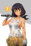  1girl ? artist_name bangs breasts brown_hair closed_mouth clothes_around_waist collared_blouse commentary_request covered_navel dark_skin dirty dirty_clothes dirty_face erect_nipples frown girls_und_panzer green_eyes highres holding hoshino_(girls_und_panzer) jazzjack jumpsuit long_sleeves looking_at_viewer mechanic medium_breasts no_bra orange_jumpsuit over_shoulder see-through shirt short_hair signature simple_background solo spoken_question_mark sweat tank_top tied_shirt uniform upper_body wet wet_clothes wet_shirt white_background white_shirt wrench 