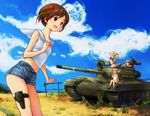  :d arched_back ass bad_id bad_pixiv_id bare_shoulders blonde_hair blue_sailor_collar brown_eyes brown_hair cloud cutoffs day denim denim_shorts drinking goggles ground_vehicle hair_ornament hairclip helmet holster long_hair military military_vehicle motor_vehicle multiple_girls on_vehicle open_mouth original pink_hair ponytail sailor_collar shirt short_hair short_shorts shorts sitting smile solo_focus strapless t-55 tank thigh_holster tied_shirt tiran-5 tubetop twintails uratari 