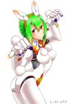  absurdres android animal_ears ass braid breasts bunny_ears bunny_tail french_braid green_hair gunslinger_stratos highres kemonomimi_mode medium_breasts paw_pose red_eyes robot_joints short_hair solo tail toppema_mapetto white_background xi-988 