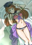  armlet bad_id bad_pixiv_id bikini blue_eyes blush bracelet braid breasts brown_hair choker frilled_bikini frills from_above front-tie_top granblue_fantasy hand_on_headwear hat highres jewelry lecia_(granblue_fantasy) long_hair looking_at_viewer lying medium_breasts midriff nagashii_kouhei navel on_back peaked_cap polka_dot polka_dot_swimsuit shadow side_braid smile solo swimsuit 