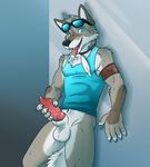  aggrobadger animal_genitalia anthro balls canine clothed clothing coyote erection eyewear fur glasses half-dressed looking_at_viewer male mammal masturbation muscles open_mouth pecs penis sharp_teeth shirt smile solo standing teeth tongue tongue_out vein veiny_penis 