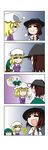  3girls 4koma :d :t =_= ? absurdres animal_ears blonde_hair blush_stickers braid brown_hair chibi comic flying_sweatdrops gradient gradient_background green_hair hand_on_own_chest hat hiding highres house kasodani_kyouko laughing maribel_hearn mob_cap multiple_girls open_mouth pout rakugaki-biyori shiny shiny_skin sigh silent_comic single_braid smile smug snort spoken_object spoken_person spoken_question_mark sweatdrop touhou usami_renko visible_air 