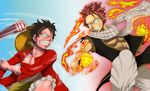  black_hair blue_eyes clenched_hand crossover epic fairy_tail fighting_stance gradient gradient_background hat male_focus monkey_d_luffy multiple_boys muscle natsu_dragneel one_piece pink_hair scar scarf sharp_teeth shorts smile steam straw_hat tattoo vest yellow_eyes 