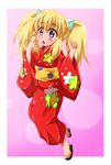  aquarion_(series) aquarion_logos blonde_hair blush japanese_clothes kimono long_hair open_mouth purple_eyes red_kimono sandals shishinon solo twintails uminagi_karan yukata 