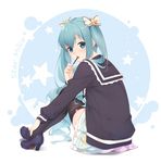  aqua_eyes aqua_hair character_name eating ello food full_body hatsune_miku high_heels long_hair looking_back open_mouth pocky sitting skirt solo thighhighs twintails very_long_hair vocaloid 