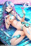  aile_(crossroads) bad_id bad_pixiv_id blue_hair breasts chair company_name flower glass green_eyes hair_flower hair_ornament large_breasts long_hair looking_at_viewer lounge_chair official_art original parted_lips pool revealing_clothes smile solo square_enix star_galaxy 