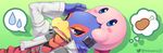  2boys alien anthro avian beak bird biting blue_eyes blush duo falco_lombardi furry gradient gradient_background head_biting jacket kirby kirby_(series) male meat multiple_boys nintendo scarf speech_bubble star_fox super_smash_bros super_smash_bros. sweatdrop twitter_username unknown_artist video_games 