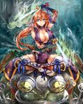  animal blue_eyes breasts brown_hair company_name dual_wielding eikou_no_guardian_battle frog hair_ornament hair_stick highres holding katana large_breasts long_hair looking_at_viewer madogawa official_art oversized_animal ponytail solo_focus sword weapon 