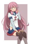  1girl akashi_(kantai_collection) bangs blush breasts cosplay eyebrows_visible_through_hair glasses green_eyes hair_between_eyes hair_ribbon hand_on_lap hip_bones hip_vent kantai_collection kugui_kiyunemu long_hair long_sleeves looking_at_viewer military military_uniform naval_uniform ooyodo_(kantai_collection) ooyodo_(kantai_collection)_(cosplay) open_mouth pink_hair pleated_skirt ribbon school_uniform semi-rimless_eyewear serafuku simple_background sitting skirt solo thighhighs tress_ribbon under-rim_eyewear uniform 