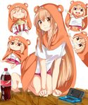  :d all_fours animal_costume bare_legs barefoot blonde_hair blush blush_stickers bottle brown_eyes chibi doma_umaru dual_persona eating hamster_costume handheld_game_console himouto!_umaru-chan hood komaru long_hair looking_at_viewer md5_mismatch multiple_views nintendo_3ds open_mouth smile soda_bottle yuutarou_(fukiiincho) 