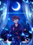  black_battler crescent_moon curtains happy_birthday male_focus momofukki moon necktie open_mouth red_eyes red_hair sky smile star_(sky) starry_moon starry_sky umineko_no_naku_koro_ni ushiromiya_battler window 