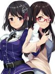  ;) alternate_costume back-to-back black_eyes black_hair breasts brown_eyes brown_hair casual chiiririn clenched_hand glasses gloves haguro_(kantai_collection) hair_ornament kantai_collection locked_arms looking_at_viewer looking_to_the_side military military_uniform multiple_girls one_eye_closed red-framed_eyewear seiyuu seiyuu_connection short_hair simple_background small_breasts smile taneda_risa uniform upper_body v white_background white_gloves 