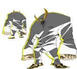  character_sheet concept_art from_behind full_body giant glowing glowing_eyes katana laomoto_khan mask ninja ninja_slayer official_art old_man simple_background solo standing suit sword white_background yellow_eyes 
