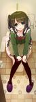  akahito black_legwear blush brown_hair commentary_request green_eyes highres long_hair looking_at_viewer one_side_up open_door open_mouth pantyhose sitting slippers smile solo tamasaka_makoto toilet tokyo_7th_sisters very_long_hair 